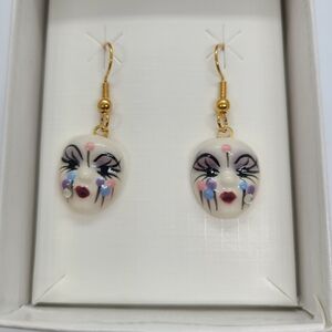 Vintage Fancy Faces Hand Painted Porcelain Mask Dangle Earrings Pastel Balloons